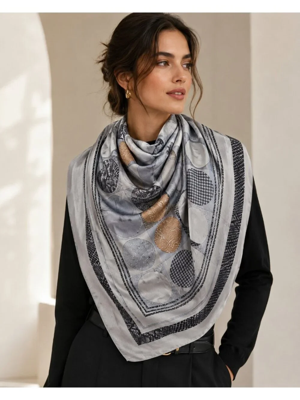 Adrienne Vittadini 100% Silk Scarf 34x34 Gray Tan Geometric Circle Print